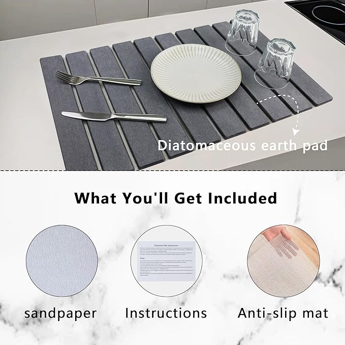 Large Stone Drying Mat for Kitchen Counter Diatomaceous Earth Collapsible 24”（L）*16”（W）Super Heat Resistant Mats Quick Absorbent Dish Drying Rack（Light Gray）