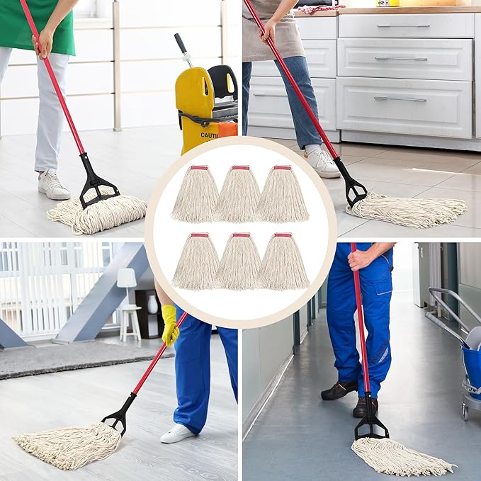 Matthew Cleaning 16oz 6Pack Cotton Floor MopCotton Looped-Open String Heavy Duty String Refills Universal Headband Blend Mop Head Replacement for Home Industrial and Commercial Use(White)