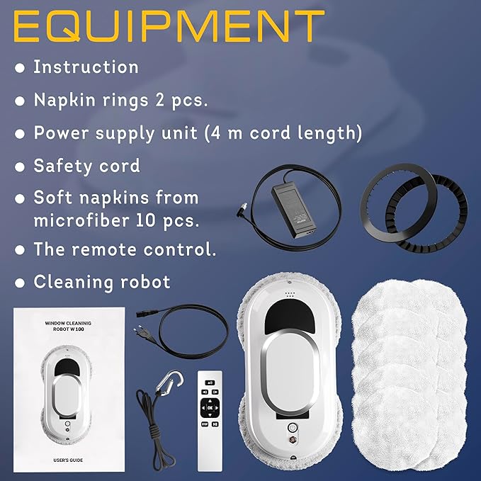 White Automatic Window Cleaner Robot W100 11.8 x 5.9 x 4.7 Inch with 3 Modes and 10 Cloth Pads. Window Vacuum Cleaner for Windows Without Water Spray. Automatic Glass Cleaner Vacuum 72dB