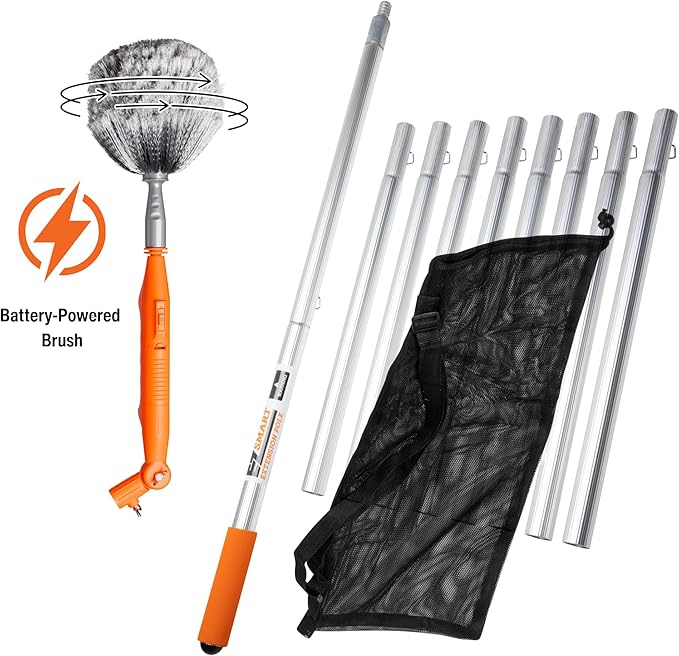 Powered Cobweb &amp Ceiling Fan Duster with 16ft Rigid Extension Pole – Adjustable Arm Removable Washable Head Interior &amp Exterior Use – Handheld or Pole-Mounted Cleaning Tool