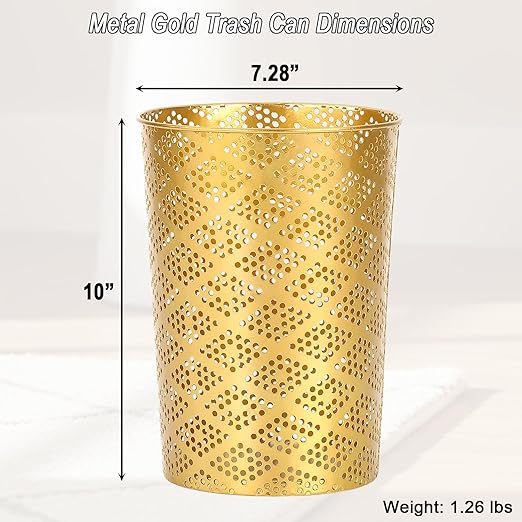 Metal Gold Trash Can Modern Cylindrical Gold Garbage Can Metal Waste Basket for Office Bathroom Bedroom &amp Small Spaces 7.28 D x 10 H