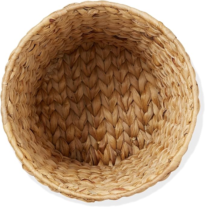 Casafield Set of 2 Water Hyacinth Waste Baskets - Natural Round Woven Trash Can Bins for Bathroom Bedroom Laundry Room Home Office