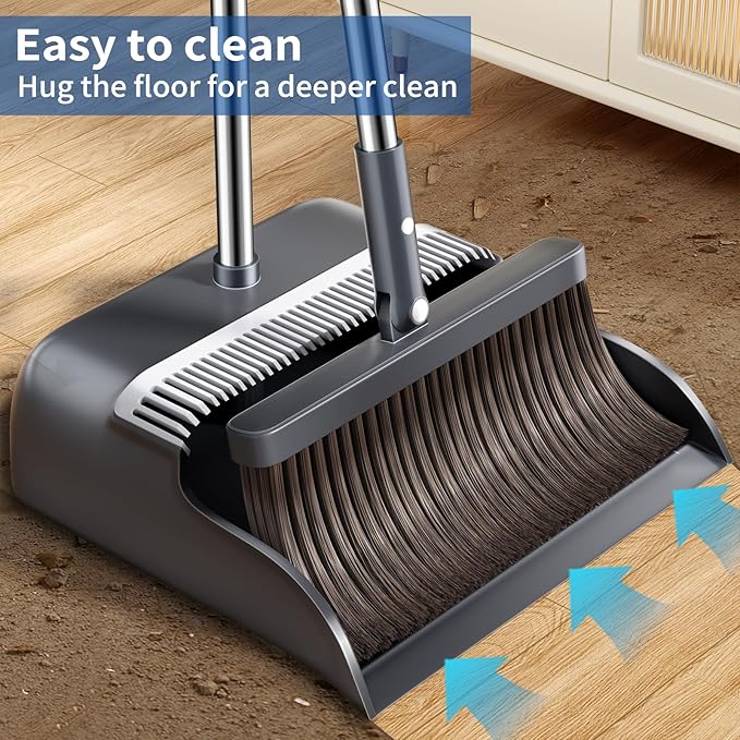 Broom with Dustpan Combo Set Broom and Dustpan Set with 51.6 Long Handle &amp Two Broom Heads Brooms with Dust Pan Teeth for Pet Hair Indoor&ampOutdoor Sweeping Home Kitchen Office