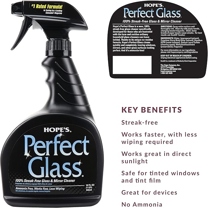 HOPE'S Perfect Glass Cleaner Streak-Free Ammonia-Free Window Mirror Screen and Shower Door Cleaner Indoor and Outdoor Glass Surfaces 32 Fl Oz Spray Bottle and 67.6 Fl Oz Refill Pack of 1