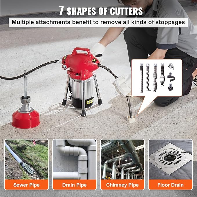VEVOR Drain Cleaner Machine 66FT x 5/8 Inch 250W Electric Sewer Snake Auger with 2 Sectional Steel Cables (66' x 5/8 and 15' x 3/8) 7 Cutters and CW/CCW Control for 1.6 to 4 Pipes