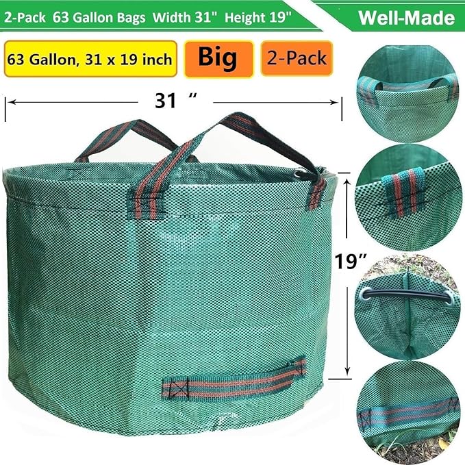 Professional 2-Pack 63 Gallon Lawn Garden Bags Big (D31H19 in) Yard Waste Bags with Gardening Gloves for Reusable Leaf BagGarden Trash ContainersLawn WeedsGrass ClippingsYard Debris Bag 4 Handles