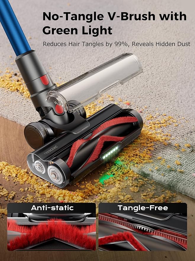 Proscenic Cordless Vacuum Cleaner 45Kpa 55Mins Runtime 180°Bendable Wand Vacuum Cleaners for Home with Green Light Anti-Tangle Brush Rechargeable Lightweight Stick Vacuum for Pet Hair P16(Blue)