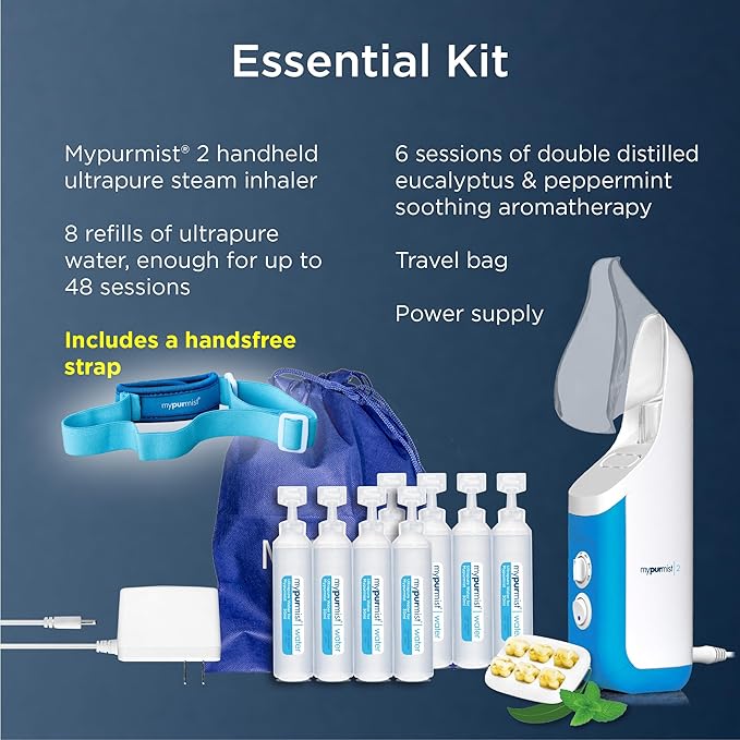 Mypurmist® Essential Kit Plus Handsfree Strap - Steam Inhaler Personal Handheld Instant Steam - Sinus Congestion Cold Cough Relief Vocal Care Skincare (Plug-in)