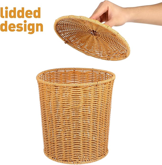 Rattan Waste Basket Wicker Trash Can with Lid Round Trash Bin Woven Storage Basket Clothes Container Laundry Hamper for Bedroom Living Room Bathroom Chocolate