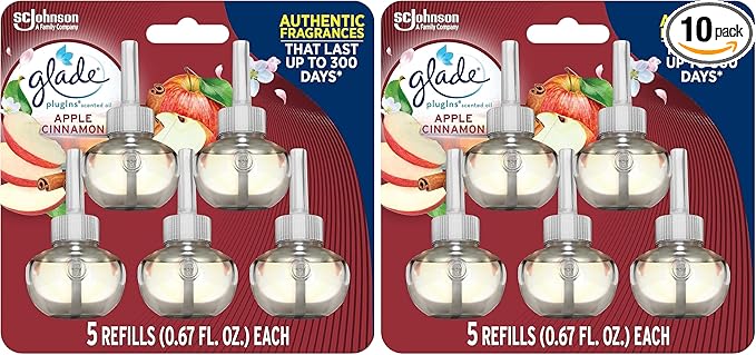 Glade PlugIns Refills Air Freshener Scented and Essential Oils for Home and Bathroom Apple Cinnamon 3.35 Fl Oz 5 Count (Pack of 10)