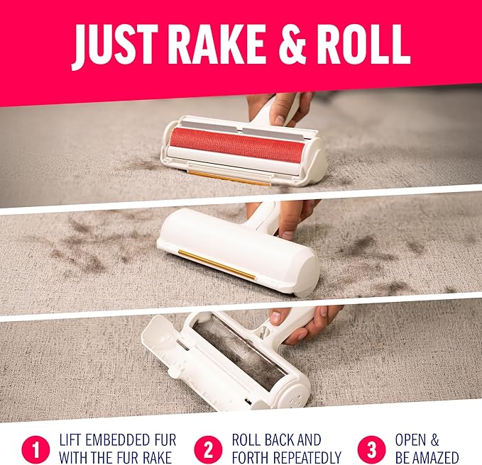 ChomChom Roller &amp Rake – Reusable Pet Hair Removal Roller with Rake Attachment for Cat &amp Dog Fur on Furniture Couch Carpet Car Rugs Bedding &amp More– Portable Eco-Friendly