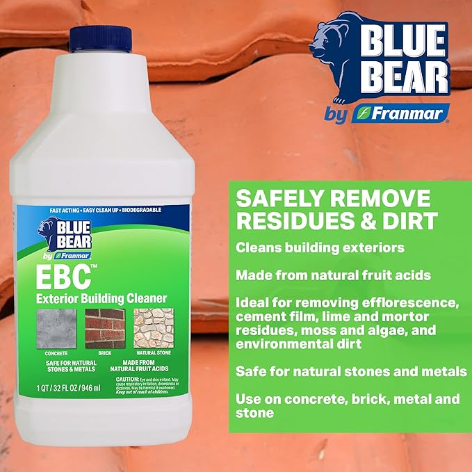 Blue Bear EBC Exterior Building Cleaner - Natural Fruit Acid Concentrate for Brick Stone Concrete &amp Metal-Removes Efflorescence Lime Residue Moss Algae &amp Dirt - Low VOC Biodegradable (1