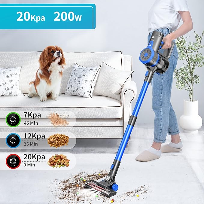 Cordless Stick Vacuum Cleaner 45 Minutes Run-Time 4 in 1 Lightweight Stick Vacuum 200W 3 Power Modes HEPA Filter for Hardwood Floors Carpet Pet Hair Car (E20 Pro)