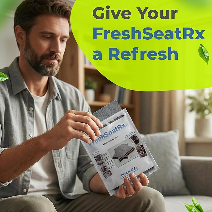 FreshSeatRx 4-Refill Filters fit FS-4 enclosures. Activated Charcoal Chemical Warfare Design High Absorbency-CWDHA Activated Carbon Filter Pads. Reusable Reset with Low Heat for Weeks of use. FR-4