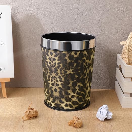 Bathroom Trash Can Recycling Bin Leopard Print Round Waste Basket Office Garbage Can Stainless Steel Trash Container 5L