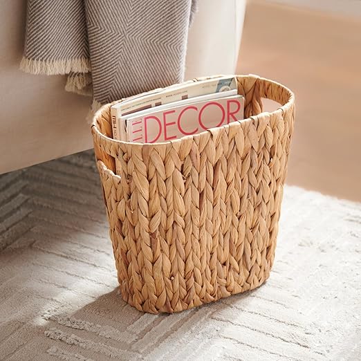 Bathroom Trash Can Handwoven Wicker Trash Can with Handles for Bedroom Living Roon Kitchen Bathroom and Office Water Hyacinth Wicker Waste Basket 1 Pack 13L x 7.5W x 12.2H 3.2 Gallon