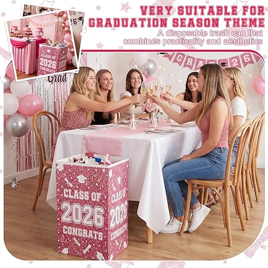 Tinlade 6 Pack 2026 Pink White Graduation Decoration 13 Gallon Disposable Trash Cans Class of 2026 Party Garbage Bins Large Waterproof Foldable Recycle Pop up Bins for Graduation Party School
