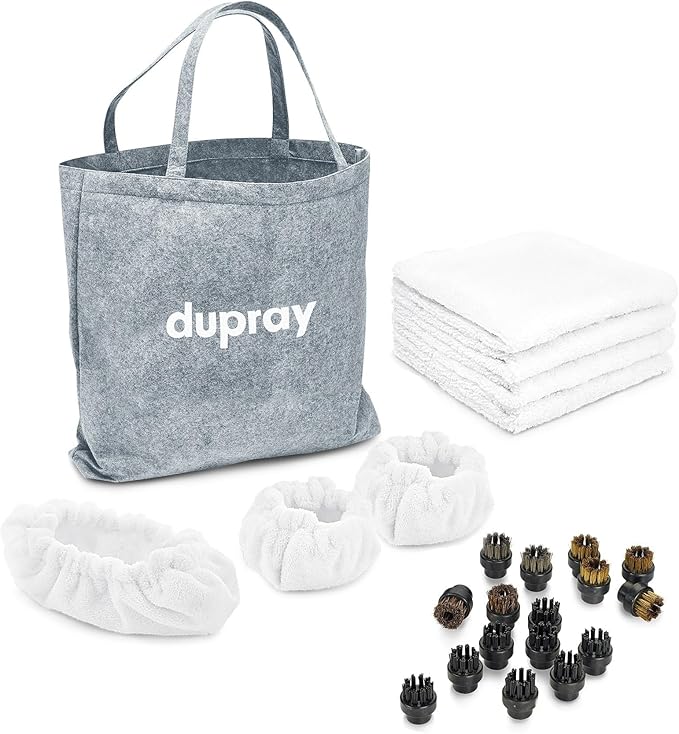 Dupray Steam Cleaning Pack Pro 24-Piece Accessory Kit for Dupray Steam Cleaners Microfiber Cloths &amp Bonnets Nylon Brass Horsehair Stainless Brushes Felt Storage Bag