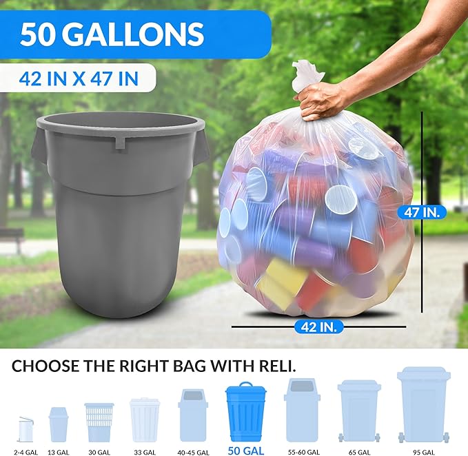 Reli. 50 Gallon Trash Bags Heavy Duty (50 Count) | Clear | Twist Ties Included | Extra Tough Leak-Proof Garbage Bags | Ideal for Large Clean Ups