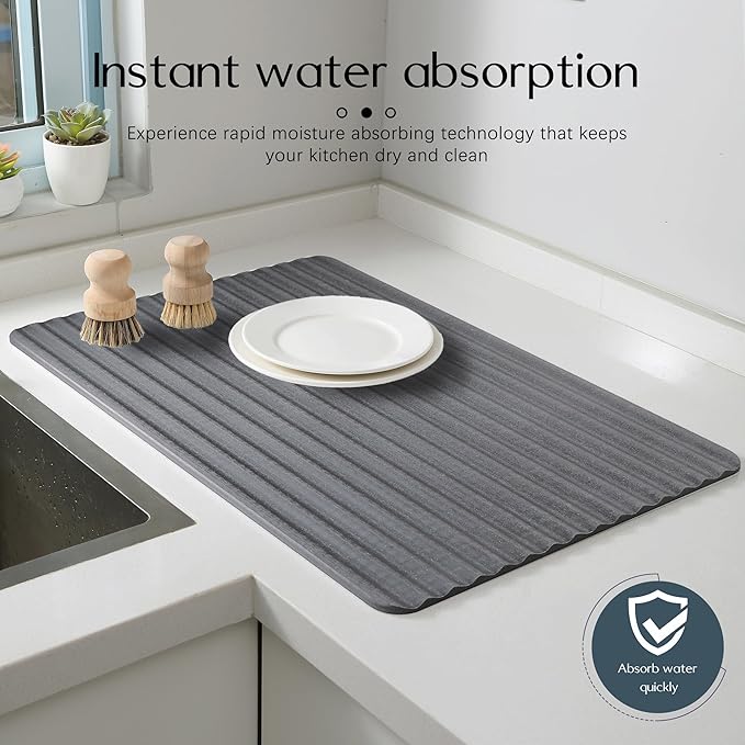 Stone Drying Mat for Kitchen CounterWavy Dish Drying Mat Instant Water AbsorptionFast Drynon-slipHeat-ResistantLarge Stone Drying Mat for Dishes and More (dark grey 23.6*15.3in)