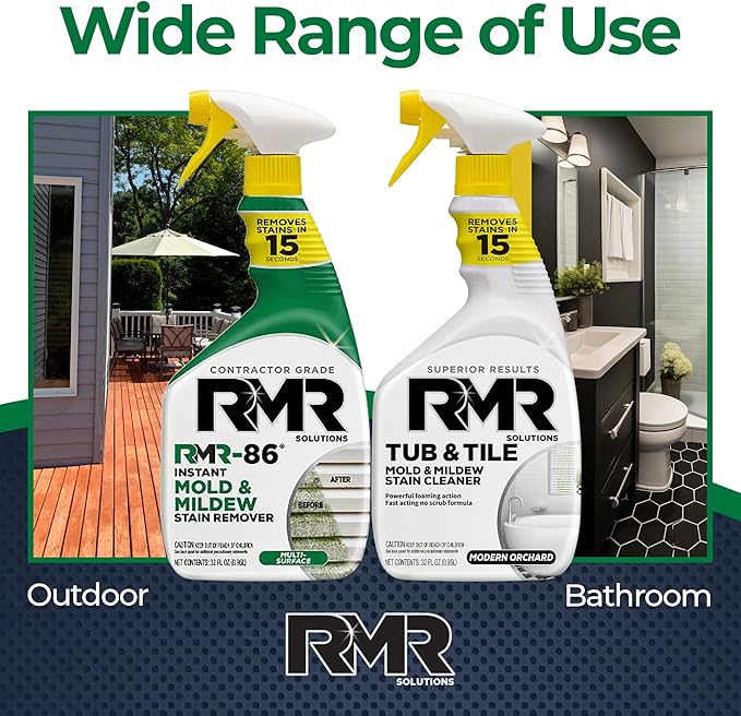 RMR Mold Stain Eraser Max Pack – No-Scrub Tub &amp Tile Cleaner + Instant Mold &amp Mildew Stain Remover Spray Indoor/Outdoor Bathroom Shower Siding &amp Deck Cleaning Kit 2–32 Oz Bottles