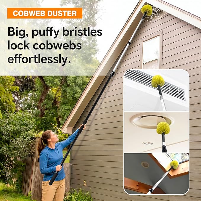 4-12Ft Telescoping Extension Pole Kit 4-in-1 High Reach Duster with Chenille Microfiber Feather &amp Cobweb Duster Attachments for Ceiling Wall Hard-to-Reach Indoor &amp Outdoor Cleaning Yellow