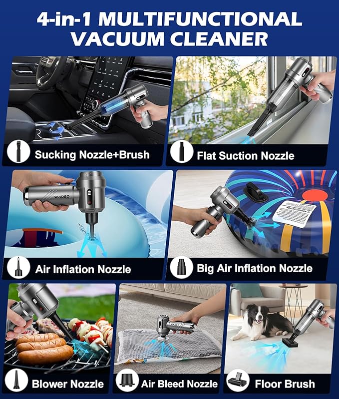 WADEO Car Vacuum Portable Cordless 18000PA 4-in-1 Handheld Vacuum Cleaner and Air Duster with LED Display &amp Multi-Nozzles Mini Hand Held Vacuum Rechargeable for Home Car Office Pet Hair