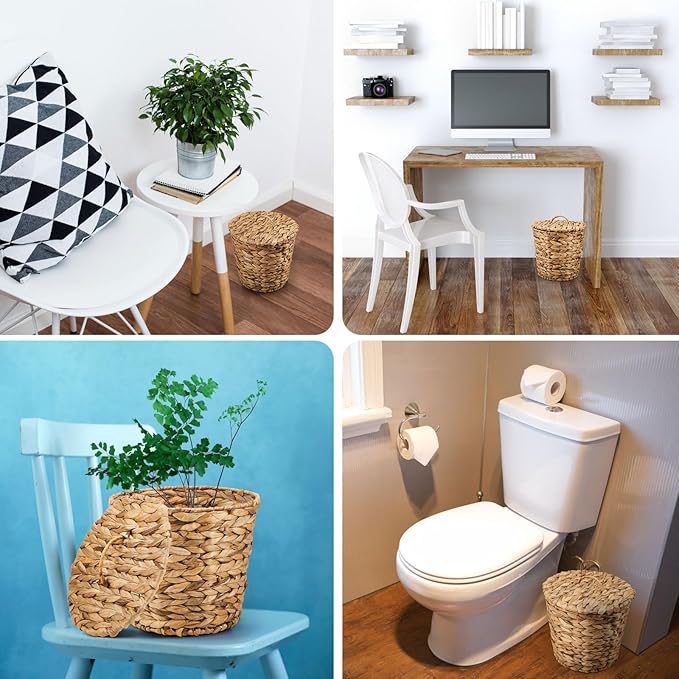 Ctosree 2 Pcs Wicker Trash Can Basket Woven Waste Basket with Lid Bathroom Wastebasket Garbage Bin with 100 Pieces of Trash Bags for Bedroom Farmhouse Home Office Kitchen(Medium)