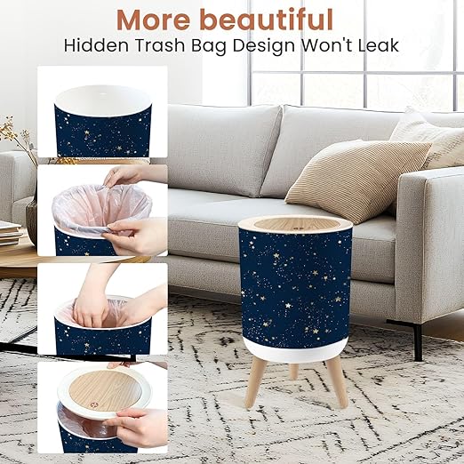 Bathroom Trash Can with Lid Seamless Galaxy Blue Gold Constellations Stars Golden Space Garbage Bin Waste Basket for Kitchen Office Bedroom Decoration Diaper Pail 1.8 Gallon
