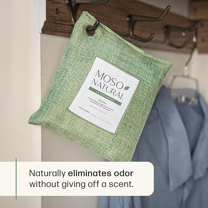Moso Natural Air Purifying Bag 200g (5 Pack). A Scent Free Odor Eliminator for Cars Closets Bathrooms Pet Areas. Premium Moso Bamboo Charcoal Odor Absorber. Two Year Lifespan! (Green)