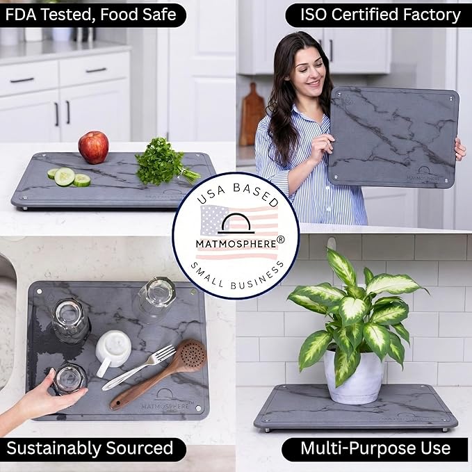 MATMOSPHERE Stone Drying Mat For Kitchen Counter Large Natural Dish Drying Mat Quick Drying And Fast Absorbing Sustainable Kitchen Accessories USA-Owned Business (Gray Marble 18 x 14)