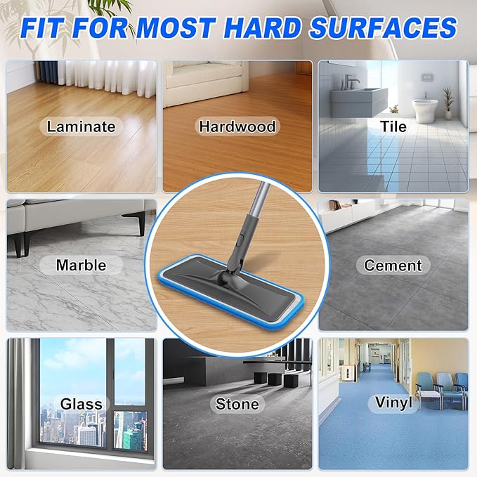 Grey Flat Floor Mop with 4 Washable Microfiber Pads for Mopping+ Blue Flat Floor Mop with 4 Reusable Chenille Pads for Dusting