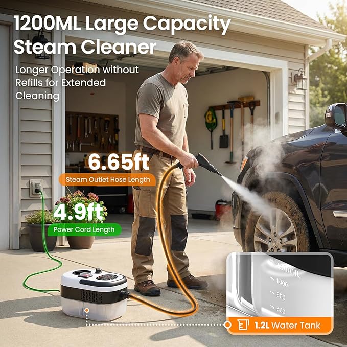 2500W Handheld Steam Cleaner for Home 6-Level High Pressure Steam Gun Steam Machine w/40.6oz Tank Portable Car Steamer for Auto Detailing &amp Cleaning Car Floor Furniture Tile Grout Wall