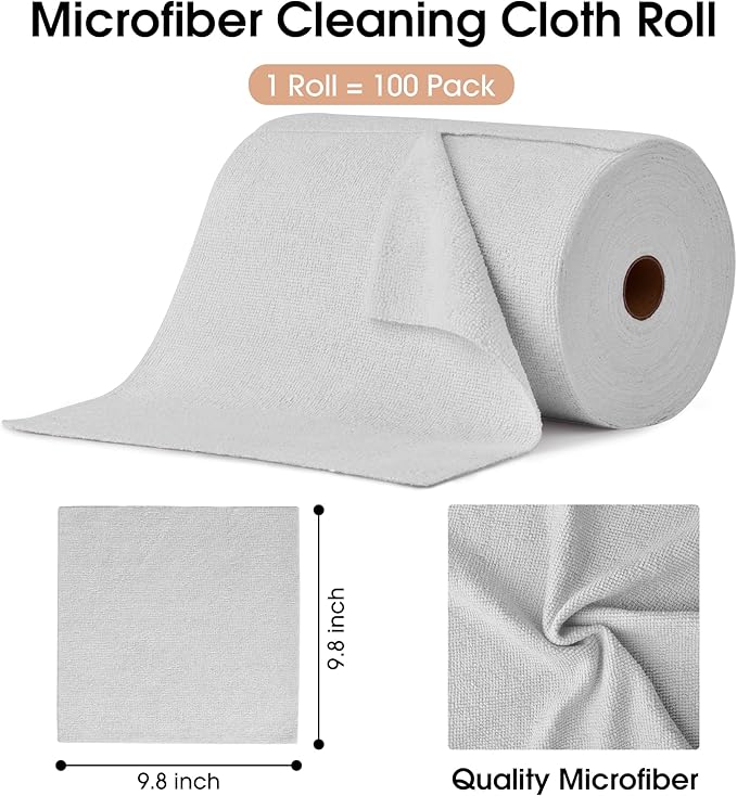KitchLife Microfiber Cleaning Cloth Roll 100 Pack - Tear-Away Microfiber Paper Towels Lint-Free Reusable Washable for Kitchen Car Dishes and Sensitive Surfaces (Light Gray)