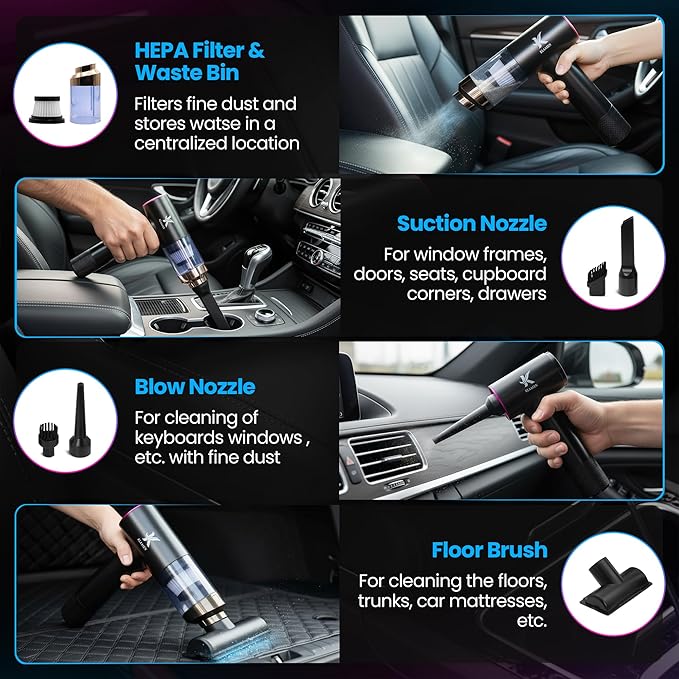 Portable Mini Vacuum Cleaner Dual Power Suction 7.5K &amp 12K Pa with Blower Inflator &amp Suction Power Best Cleaning Tool for Home Office Kitchen &amp Car