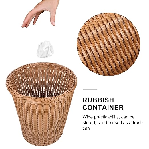 Woven Rattan Trash Basket Rust-Resistant Iron Frame Handwoven Round Wastebasket for Office and Home Brown Simulated Rattan Trash Can Open-Top Rubbish Container for Bedroom Use