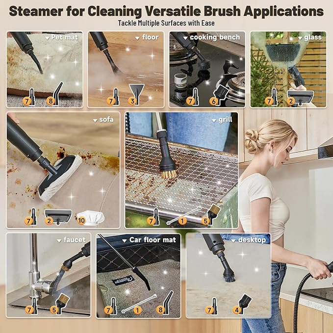 Gautye Steam Cleaner 3-Level Adjustable Handle 15s Heat-Up 1.69 Quarts Tank Portable Steamer for Cleaning with 11 pcs Accessories Steam Cleaner for Home for Dirt Grease Grout