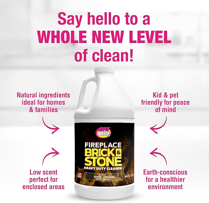 Quick 'n Brite Fireplace Brick and Stone Cleaner 64oz - Natural Stone Tile and Marble Cleaner with Scrub Brush - Indoor Fireplace and Wood Stove Cleaning Kit - Pellet Stove Creosote Remover