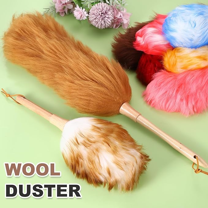uxcell Wool Duster 20.5 Natural Feather Cleaner Household Cleaning Duster with Solid Wooden Handle for Cleaning Fans Window Blinds Shelves Furniture Light Brown