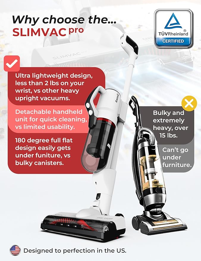 Roomie Tec SlimVac Pro Cordless Vacuum Cleaner for Home - 2200mAh Battery High Suction Power Lightweight Detachable Handheld with HEPA Filter – Multi-Surface Cleaning for Carpets Hard Floors Cars