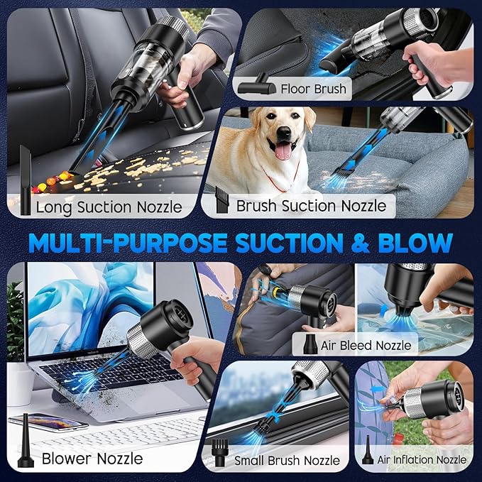 JONYJ Handheld Car Vacuum Cleaner 16000PA Hand Held Vacuum Portable Cordless 2 in 1 Air Duster and Vacuum Cleaner with LED Light Multi-Nozzles 120W High Power Mini Vacuum for Home Pet Office