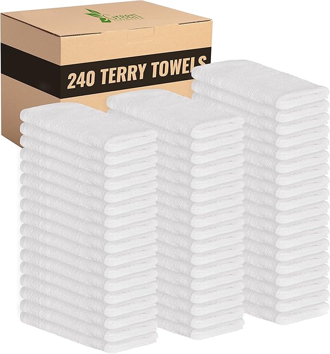 GREEN LIFESTYLE 100% Cotton Terry Towels White 240 Pack - 14x17 inches Absorbent Durable Multipurpose Cleaning Rags