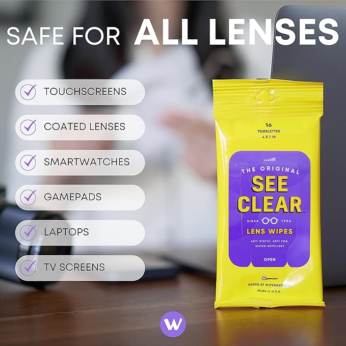 See Clear Original Lens Cleaning Wipes - Pre-Moistened Eyeglass &amp Screen Cleaning Cloth Towelettes - Streak Free Scratch Free Lens &amp Electronic Screen Cleaner - 12 Resealable Packs of 16 (192