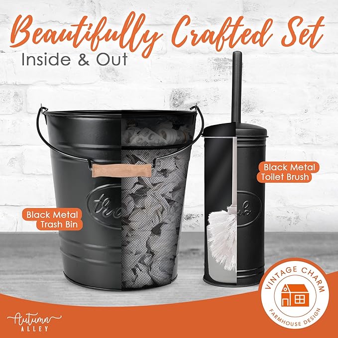 Autumn Alley Farmhouse Bathroom Trash Can and Toilet Brush Set - Rustic Bathroom Accessories for Charming Bathroom Décor Matte Black Heavy Gauge Metal