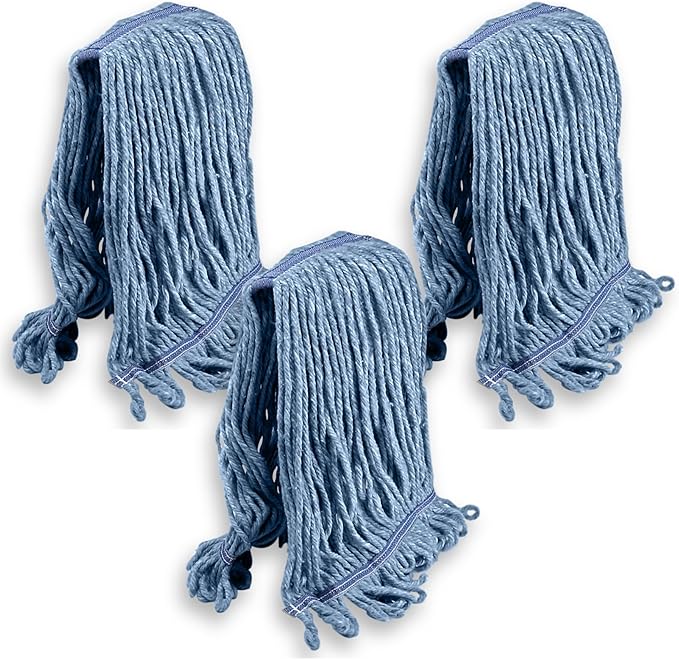 KLEEN HANDLER General Cleaning Mop Heavy Duty Commercial Replacement Wet Industrial Blue Cotton Looped End String Head Refill (Pack of 3)