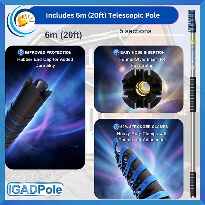 IGADPole 20 FT Water-Fed Cleaning Kit – Extendable Telescopic Pole with Soap-Dispenser Brush &amp Cobweb Duster Adjustable 5-20 FT Handle for Safe High Window Gutter Solar Panel &amp Exterior Cl