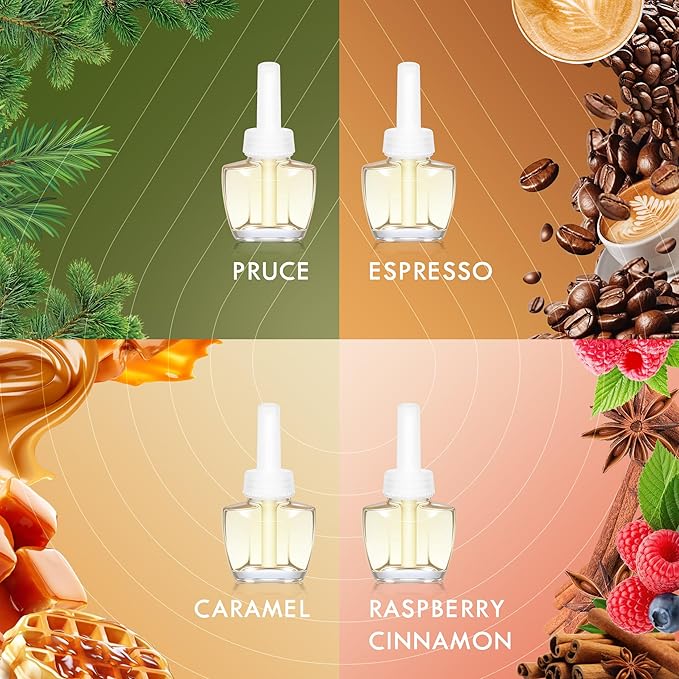 Plug In Air Freshener Refills 12 Pack – Spruce Caramel Espresso &amp Raspberry Cinnamon Scents – Adjustable Fragrance for Home &amp Bathrooms – Compatible with Air Wick &amp Glade Not Include Gl