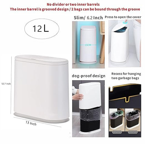 12L White Slim Bathroom Trash Can with Press Top Lid3.17 Gallon Pet/Dog Proof Kitchen Trash CanThin Garbage CanCovered WastebasketNarrow Small Plastic Trashcan for Craft RoomBedroomOfficeDorm