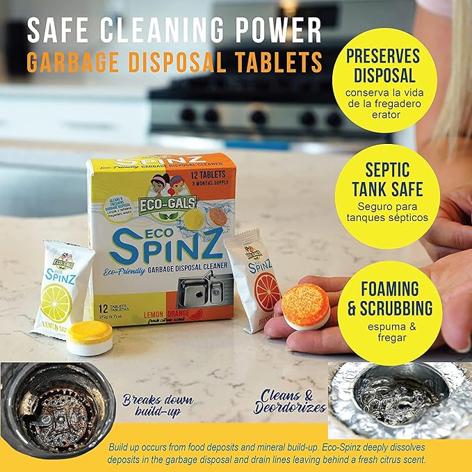 Eco-Spinz Disposal Cleaner and Deodorizer for Kitchen Drains and Sinks Plus Eco-Shines Dishwasher Detergent 3 in 1 Power of Liquid Powder and Gel for Brighter Cleaner Dishes
