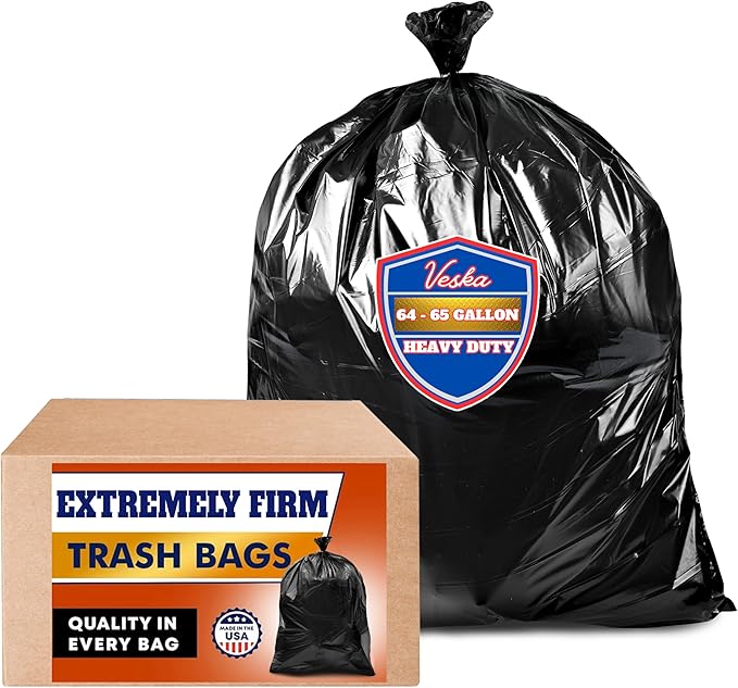 Veska 65 Gallon Trash Bags for Toter (Value-Pack 50 Count w/Ties) Extra Large 64 Gallon Heavy Duty 60 Gal Trash Bags Outdoor Garbage Can Liner for CustodiansExtra Large Garbage Bag 70 Gallon
